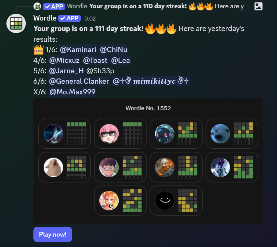 100 days streak WORDL score on discord